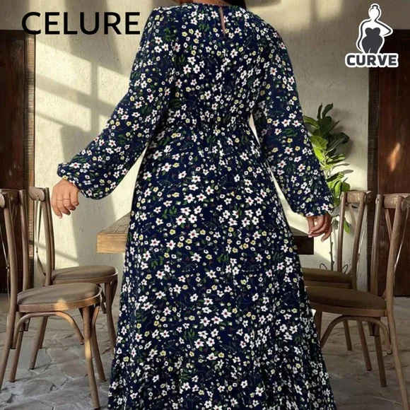 *Sold NWOT SHEIN Navy Blue Ruffled Tiered Floral Maxi Sundress Bishop Sleeve 2XL - Picture 3 of 12